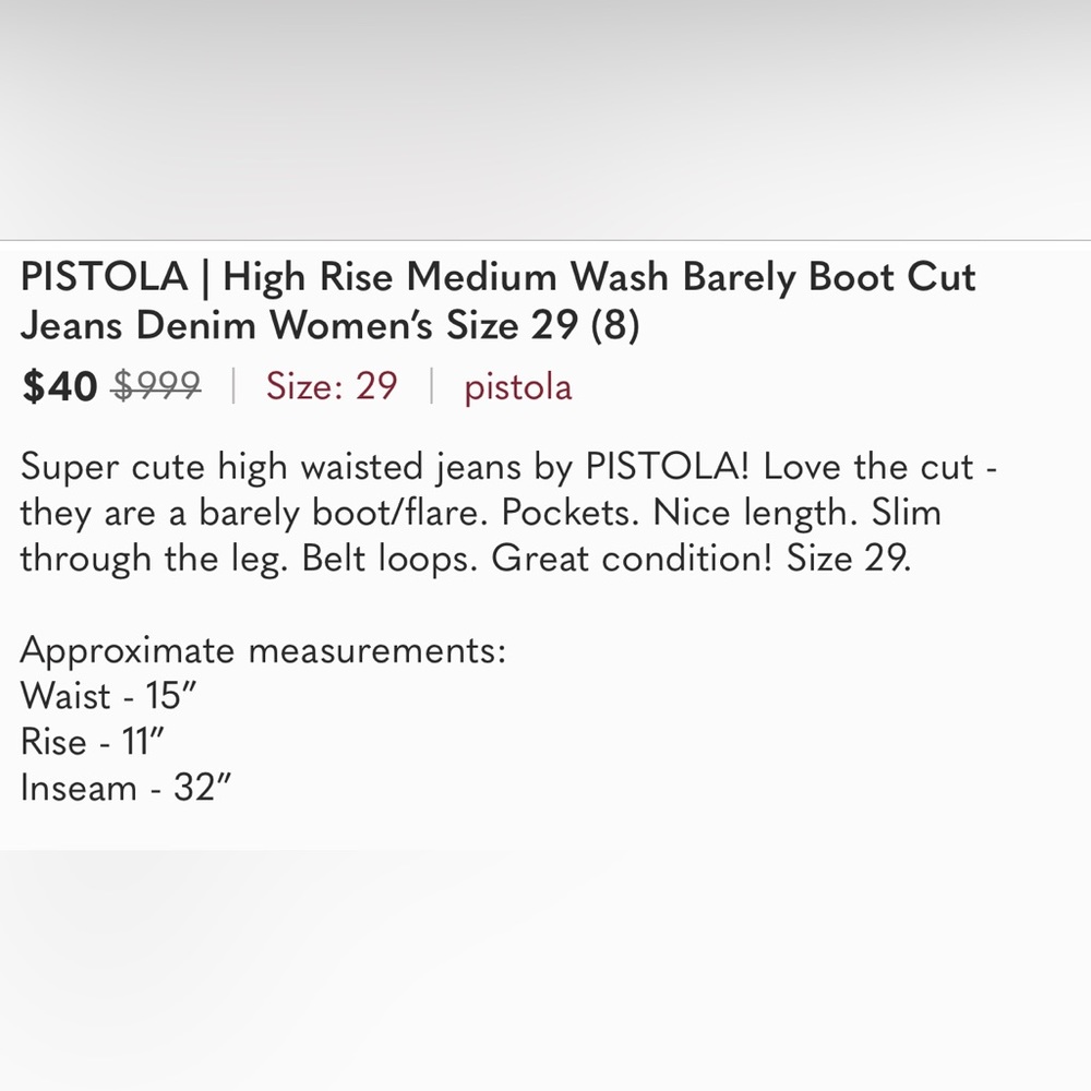 PISTOLA | High Rise Medium Wash Barely Boot Cut Jeans Denim Women’s Size 29 - Picture 9 of 9